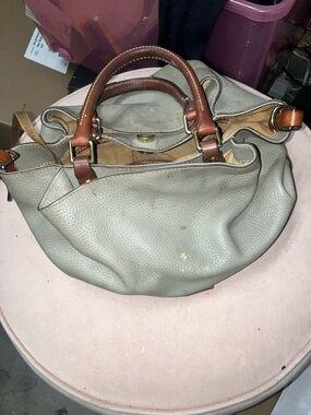 Dooney & Bourke Leather Satchel Handbag in Light Gray with Brown Trim